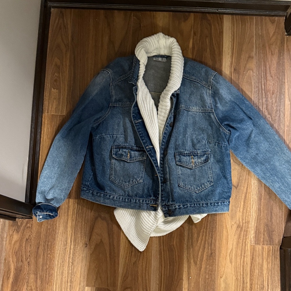 Dex Oversized Super Cute Denim Jean Jacket with Cream colored scarf as accent